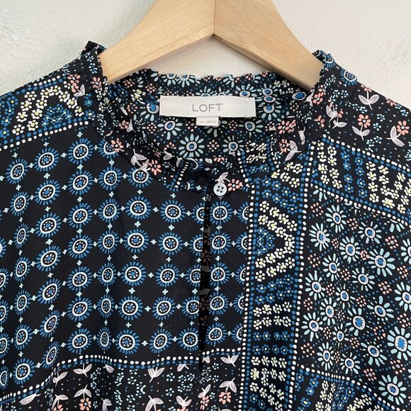 Loft Womens Medium Patchwork Back Peplum Blouse Long Sleeve Shirt Top - Picture 5 of 12